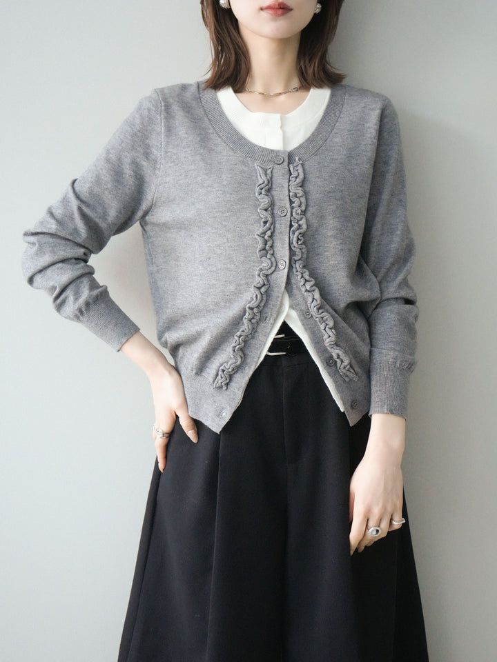 [予約]配色レイヤードフリルデザインニットカーディガン/gray