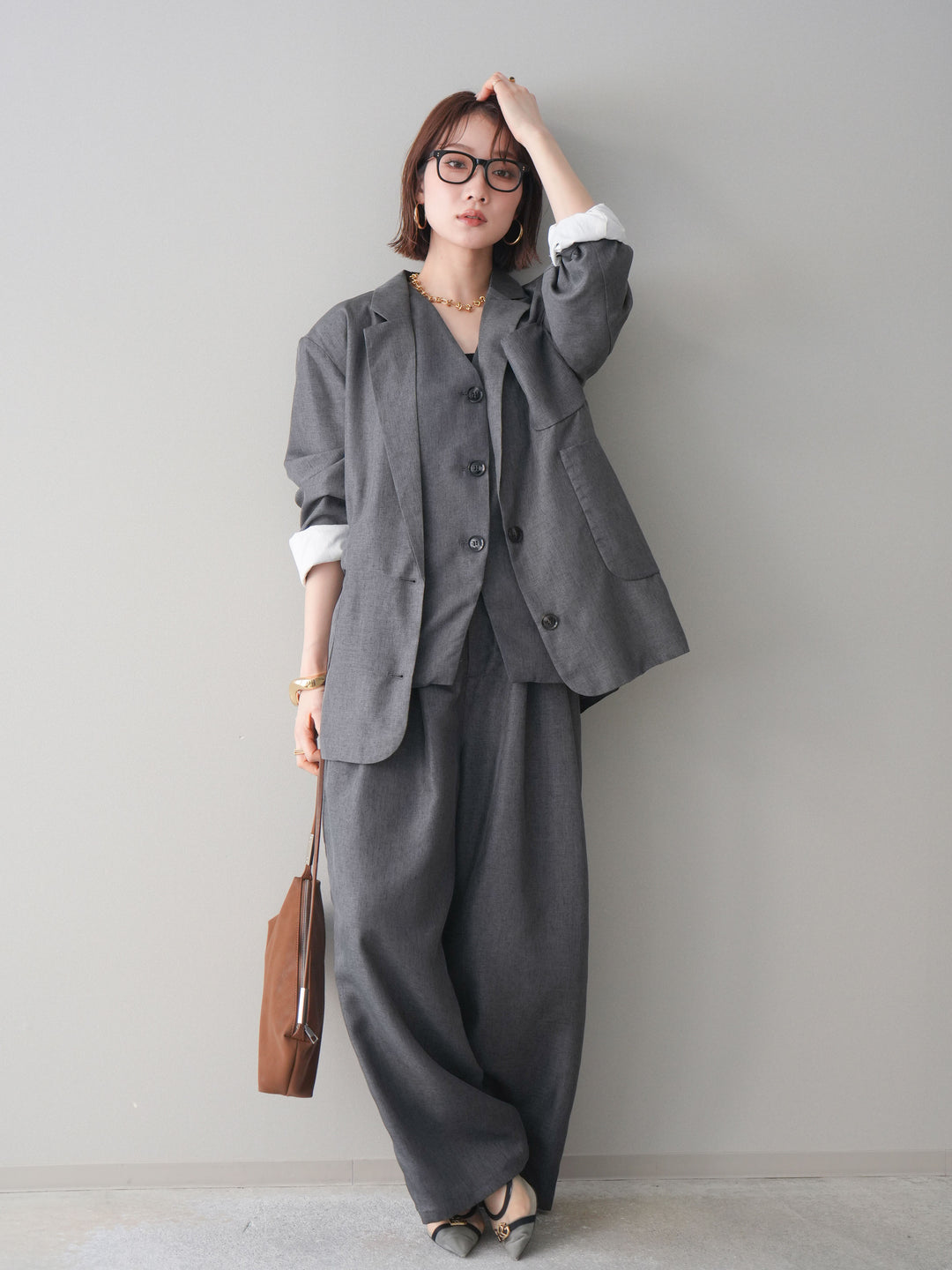[SET]リネンライクテーラードジャケット+リネンライクバックオープンジレ+リネンライクタックワイドパンツ(3set)