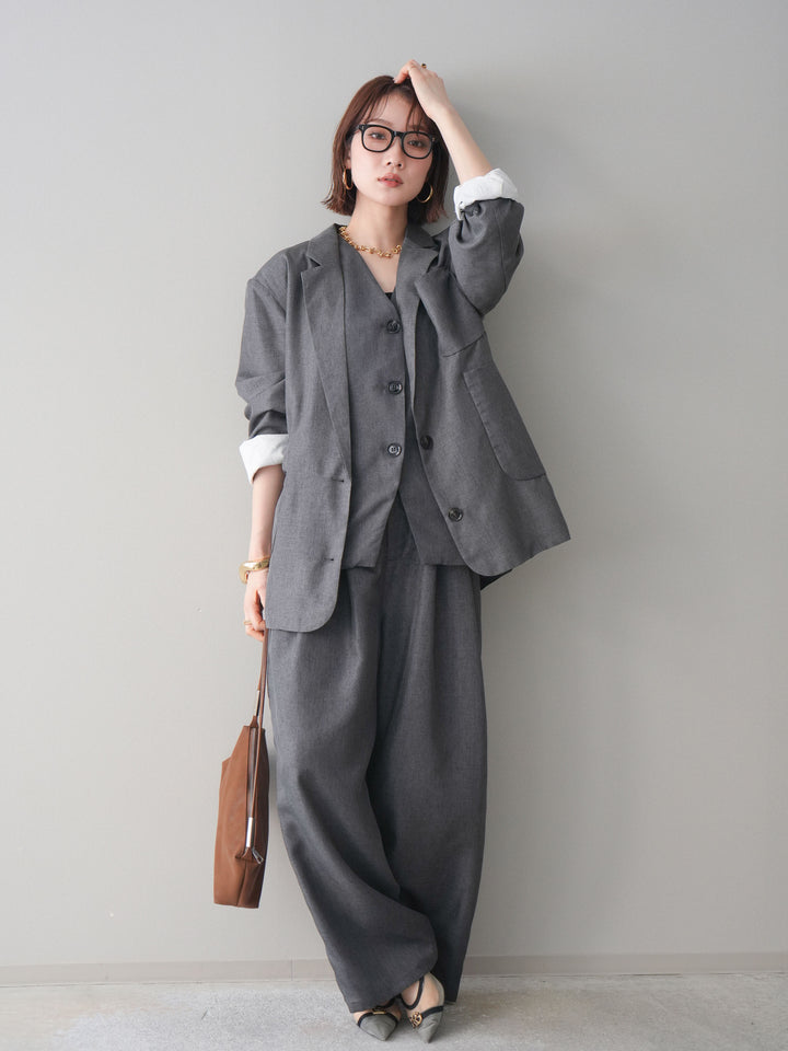 [SET]リネンライクテーラードジャケット+リネンライクバックオープンジレ+リネンライクタックワイドパンツ(3set)