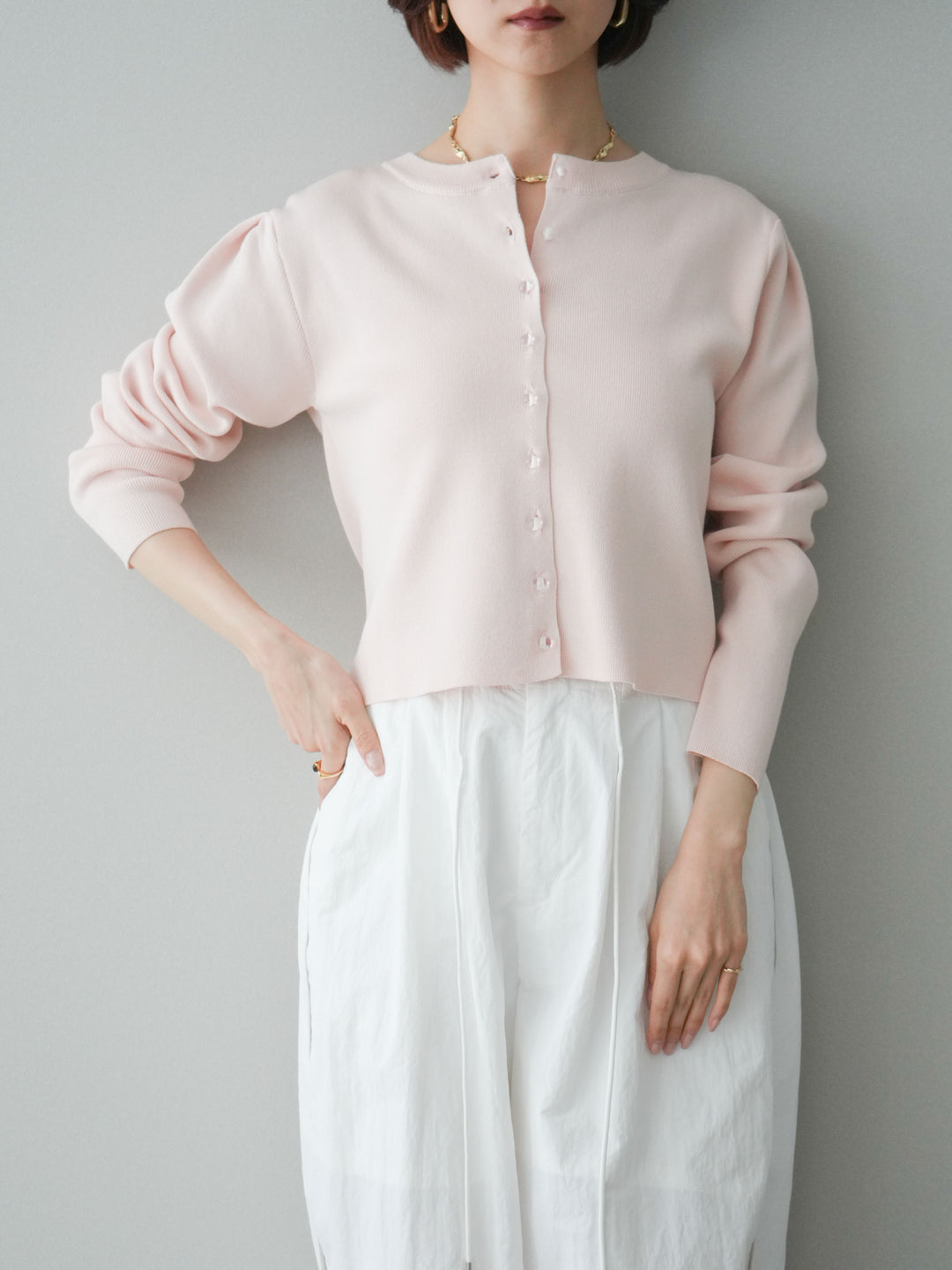 [SET]クリアボタンタックニットカーディガン+ドロストサイドラインナイロンパンツ(2set)