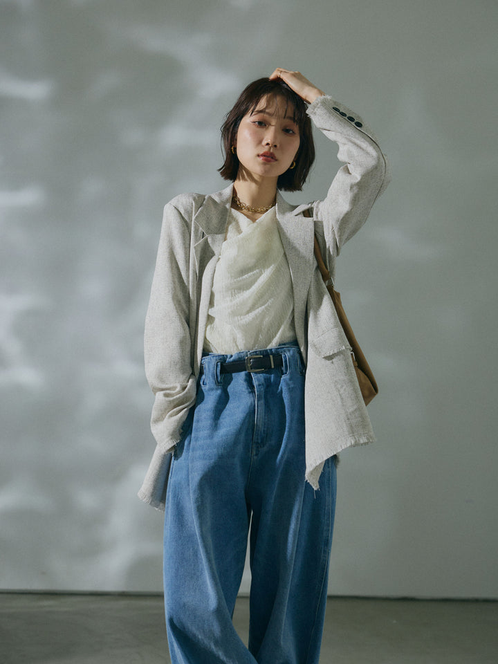 【Allure】[SET]スラブツイードフリンジテーラージャケット+ハイウエストベルトループデザインデニムパンツ(2set)