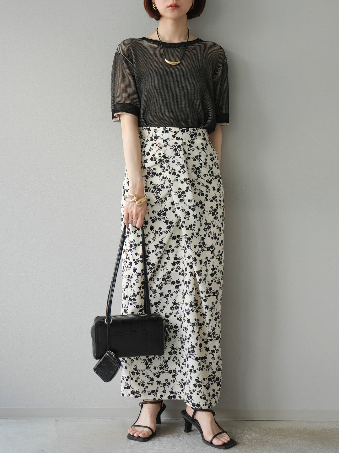 [SET]リネンタッチ配色二重臼ハーフニットトップス+選べるアソート柄スカートセット(2set)