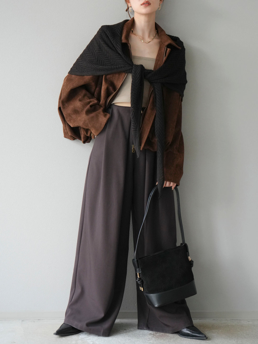[SET] 麂皮外套+皮帶環設計寬褲（2套）