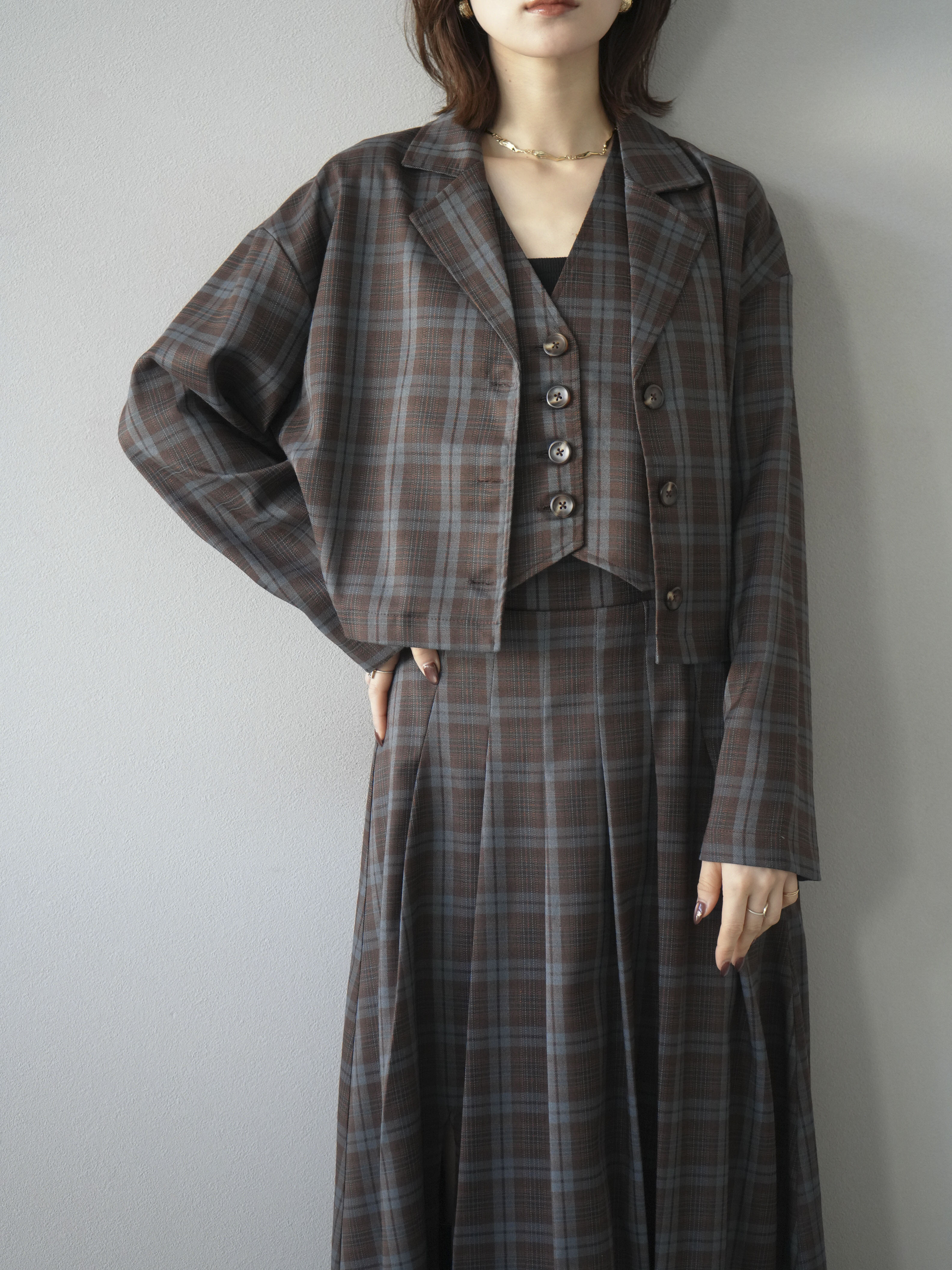 SET]チェック柄ショートジャケット+チェック柄ベスト+チェック柄