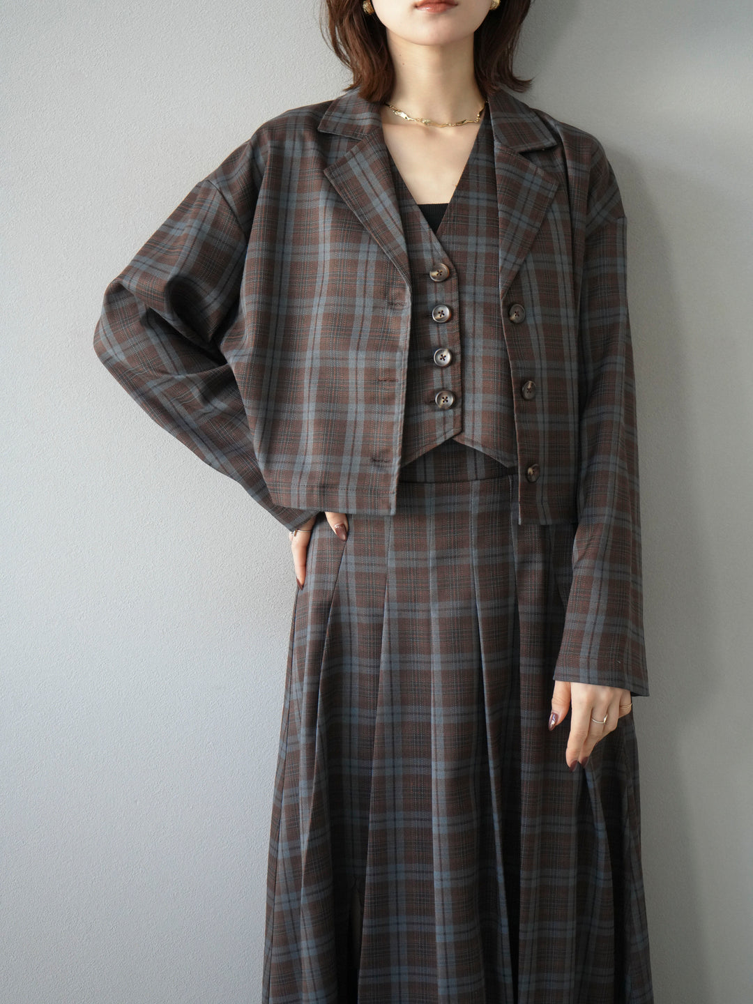 [SET]チェック柄ショートジャケット+チェック柄ベスト+チェック柄タックフレアスカート(3set)
