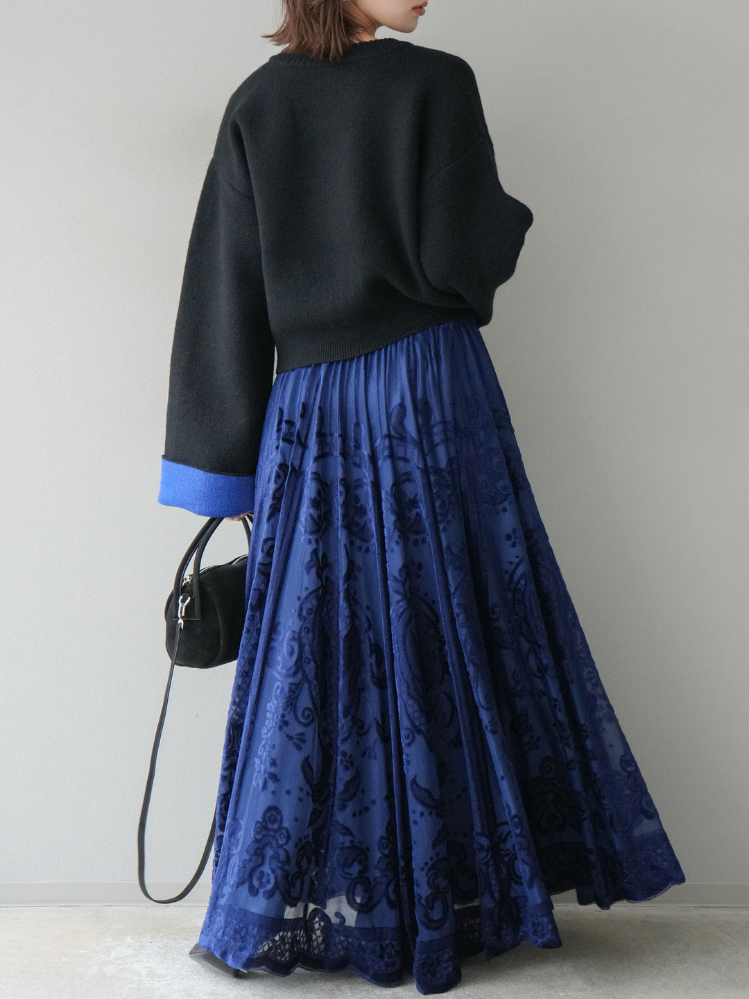 [SET]バイカラーオーバーニットカーディガン+アンティーク柄フロッキーマキシスカート(2set)