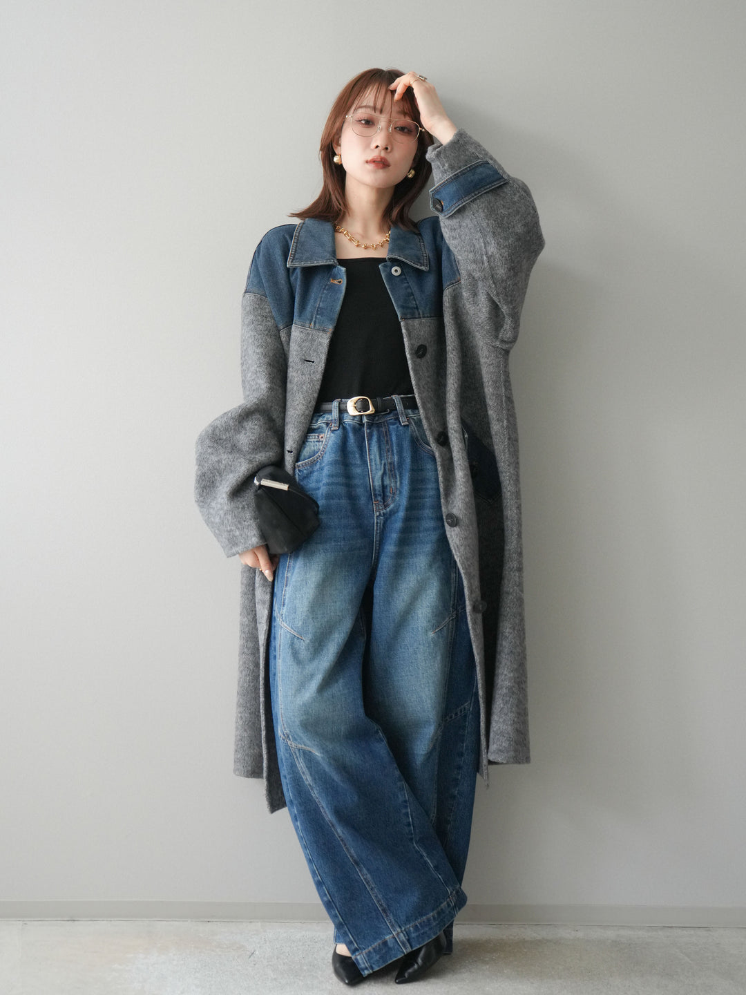 [SET]デニム切替シャギーステンカラーコート+選べるアクセセット(2set)