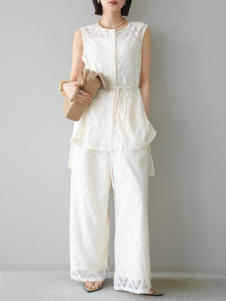 [予約]サテンパイピングレースノースリーブトップス/アイボリー