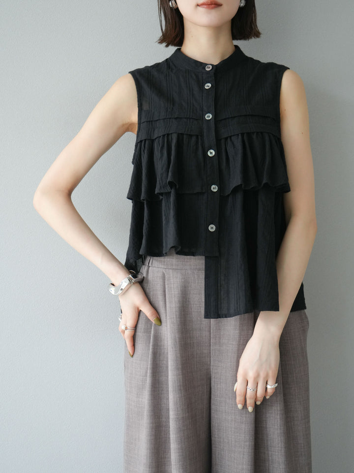 [予約]ドビーストライプアシンメトリーフリルノースリブラウス/ブラック