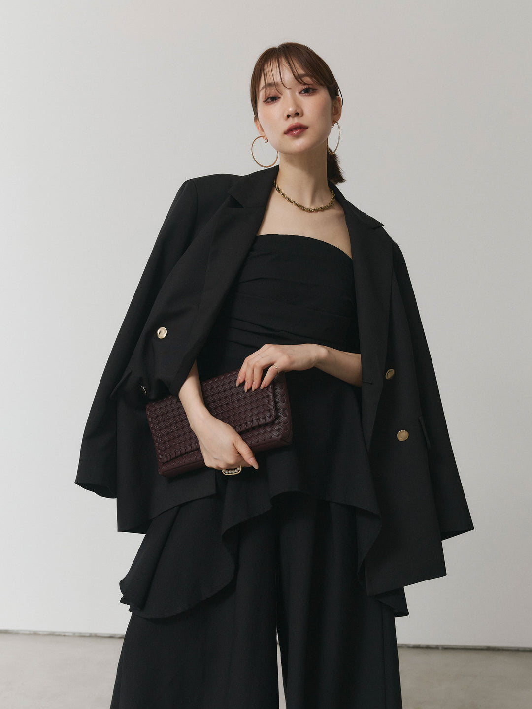 【Allure】[SET]ぺプラムベアトップス＆ワイドパンツSET UP+ダブルブレストオーバージャケット(2set)