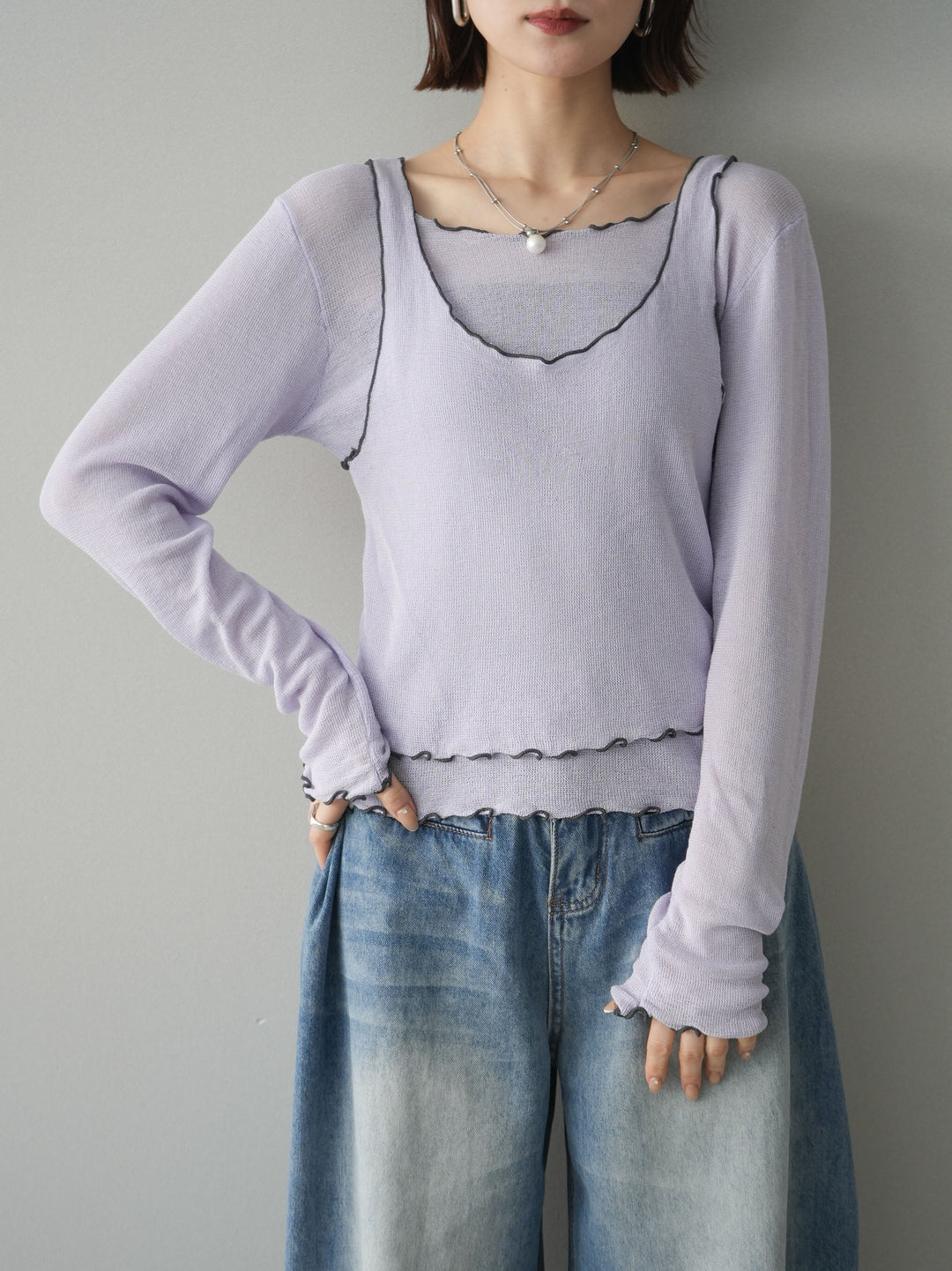 [SET]バイカラーメローアンサンブルシアーニットトップス+選べるアクセセット(2set)