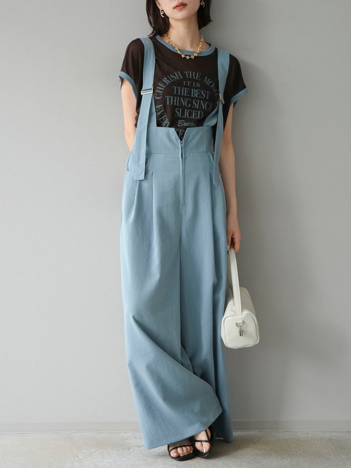 [SET]ストリングデザインハイウエストサロペット+シアーフライス ロゴプリントT (2set)