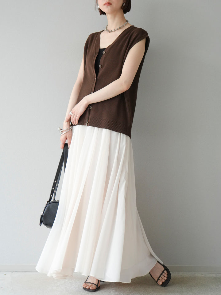 [SET] V領人造絲針織背心+雪紡喇叭裙（2件組）