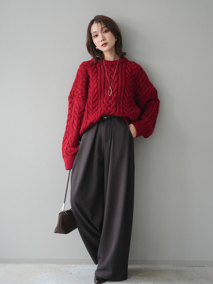 [SET]ボリュームケーブルニットプルオーバー+ベルトループデザインワイドパンツ(2set)