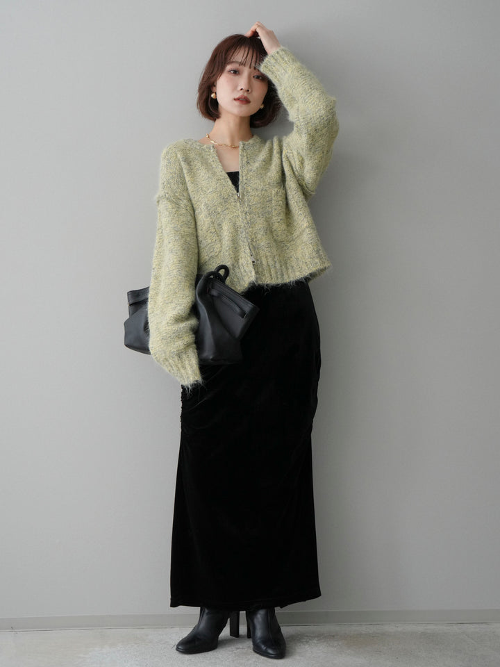 [SET]ミックスヤーンダブルZIPニットカーディガン+ギャザーベロアスカート(2set)