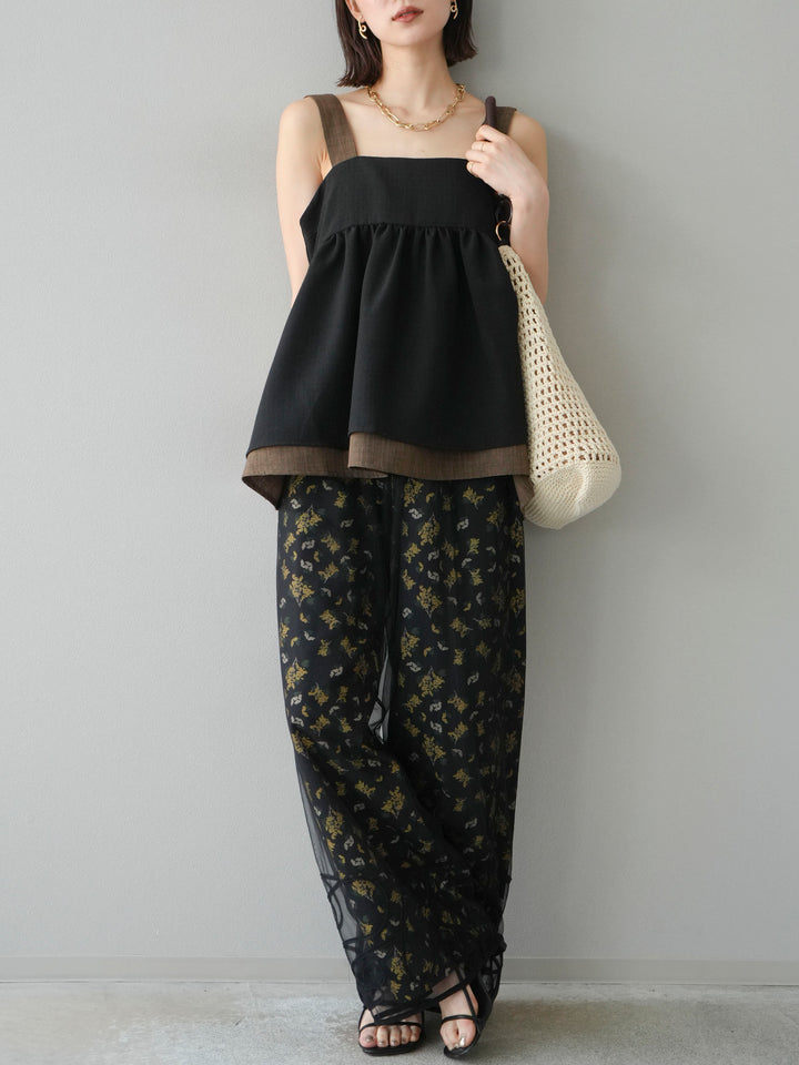 [SET]リネンライク配色フレアタンクトップ+コード刺繍チュールレイヤードパンツ+ブーケプリントタックパンツ(3set)