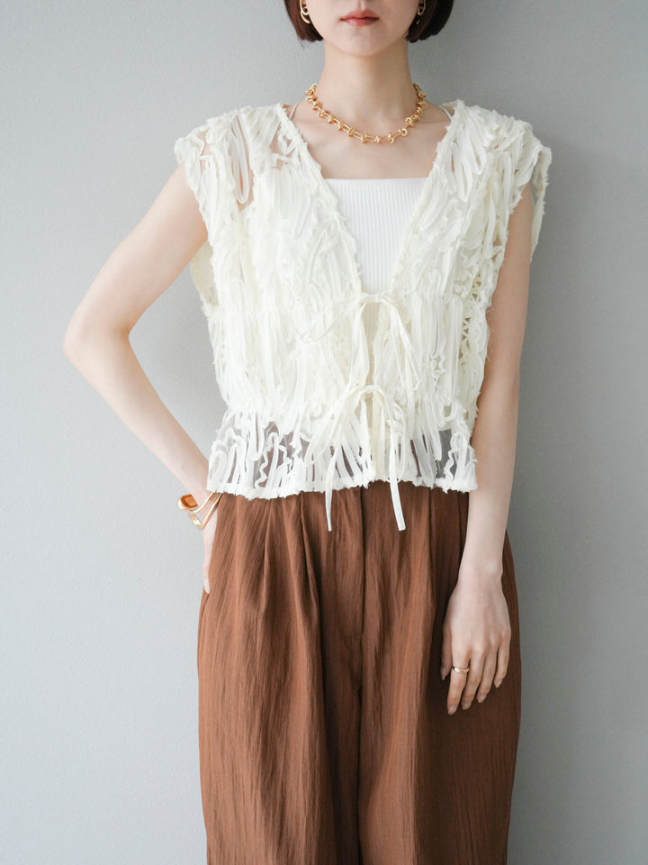 [SET] 提花蕾絲蝴蝶結上衣+麻質下擺迴力寬褲（2件套）