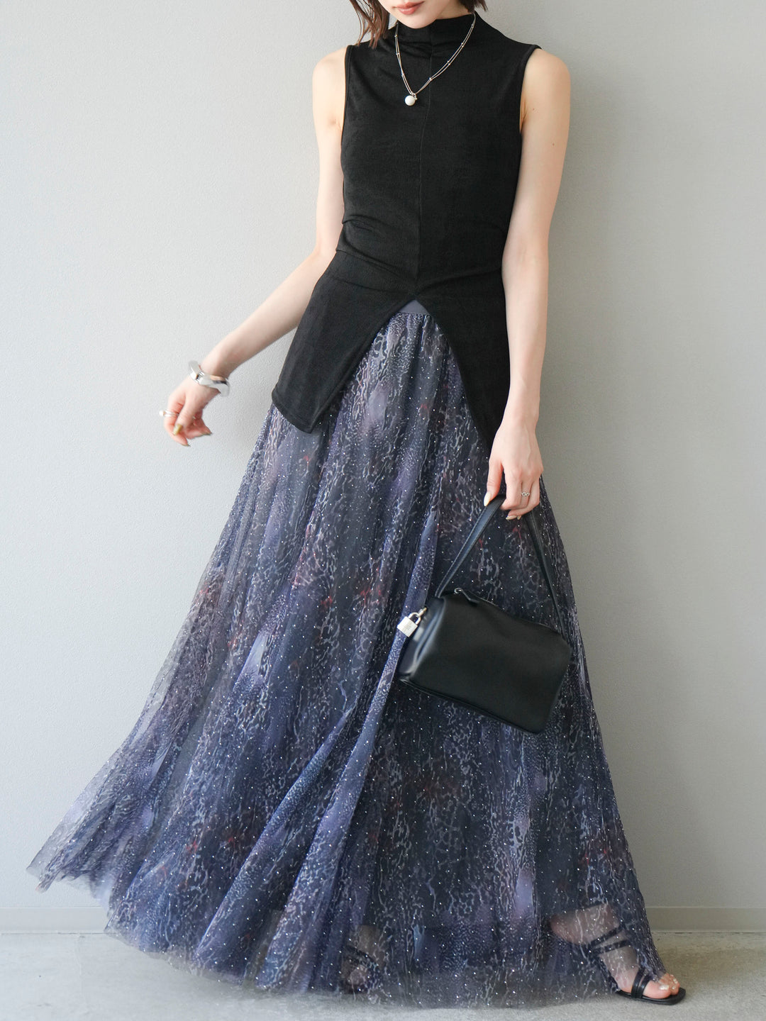 [予約]ニュアンス柄チュールレイヤードプリーツスカート/ネイビー
