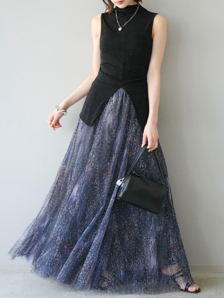 [予約]ニュアンス柄チュールレイヤードプリーツスカート/ネイビー