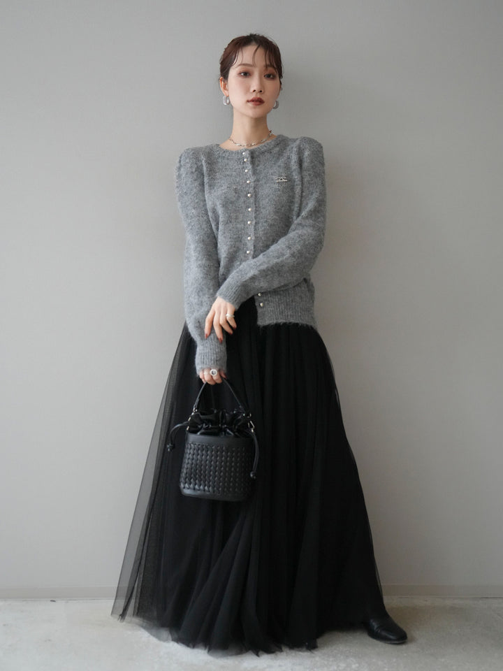 [SET]ブローチ付silverボタンミックスニットカーディガン+チュールボリュームスカート(2set)