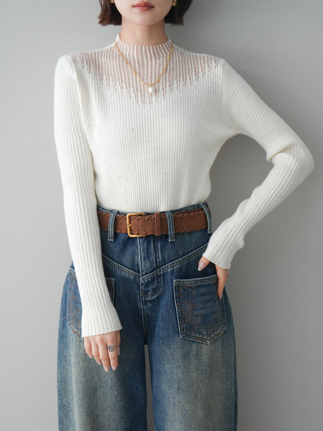 [SET]シアー切替スパンコールリブニットトップス+ベルト付ポケット刺繍カーブデニムパンツ(2set)