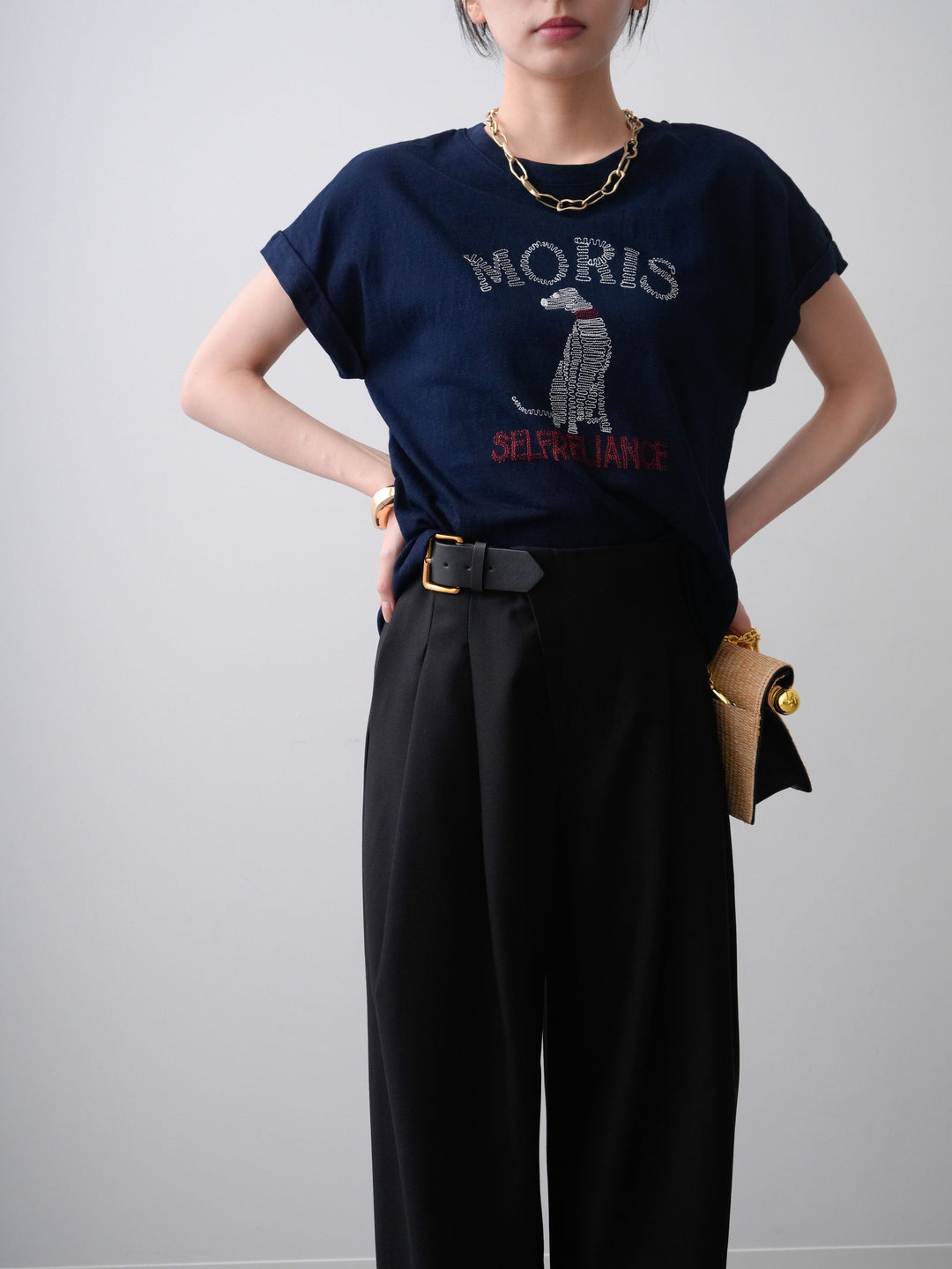 [SET]ドッグエンブロイダリーTEE+アシンメトリーベルトタックワイドパンツ(2set)