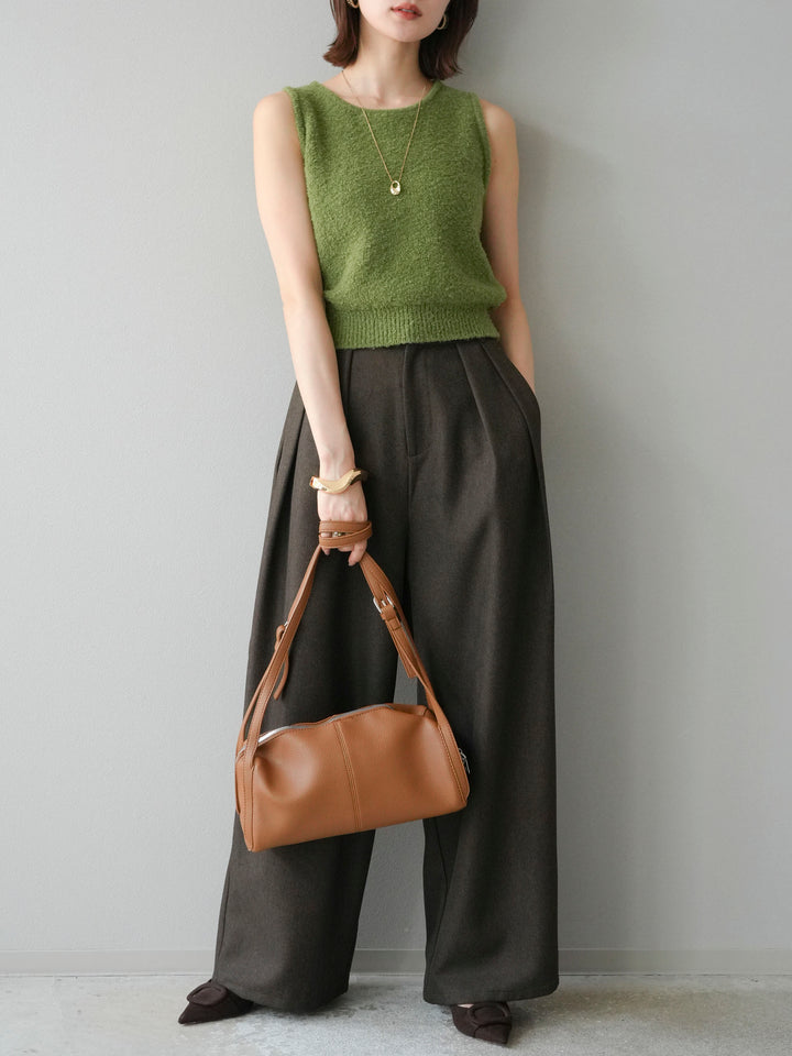 [予約]レザーパイピングタックワイドパンツ/ブラウン