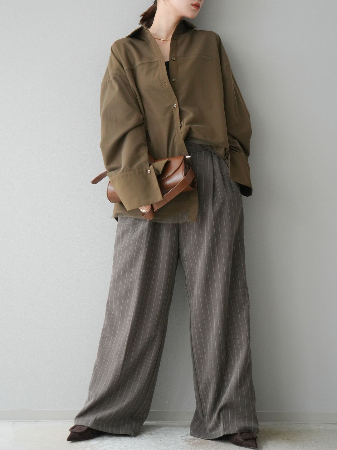 [予約]サイドラインストライプワイドパンツ/ブラウン