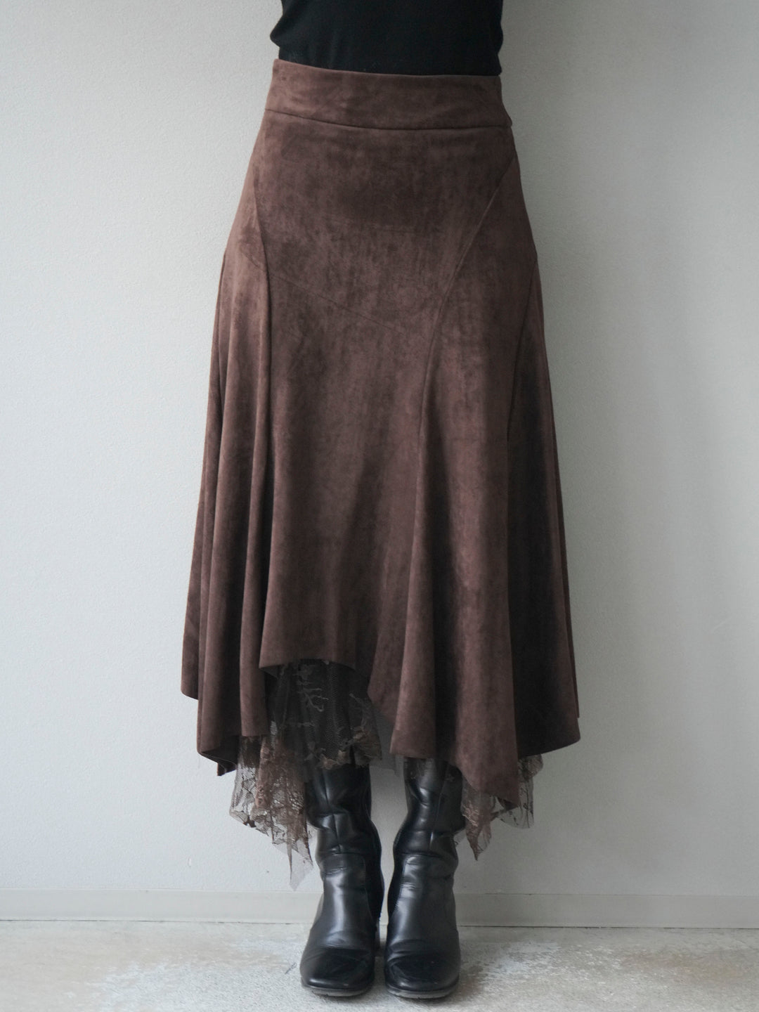 [予約]スエード裾レースアシンメトリースカート/brown