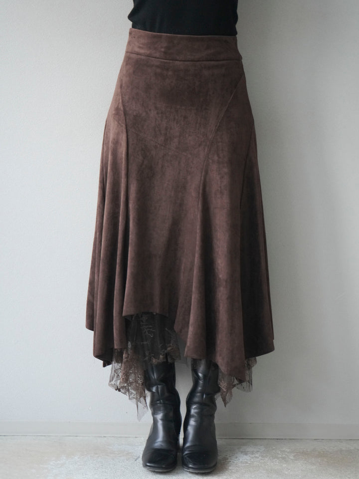 [予約]スエード裾レースアシンメトリースカート/brown