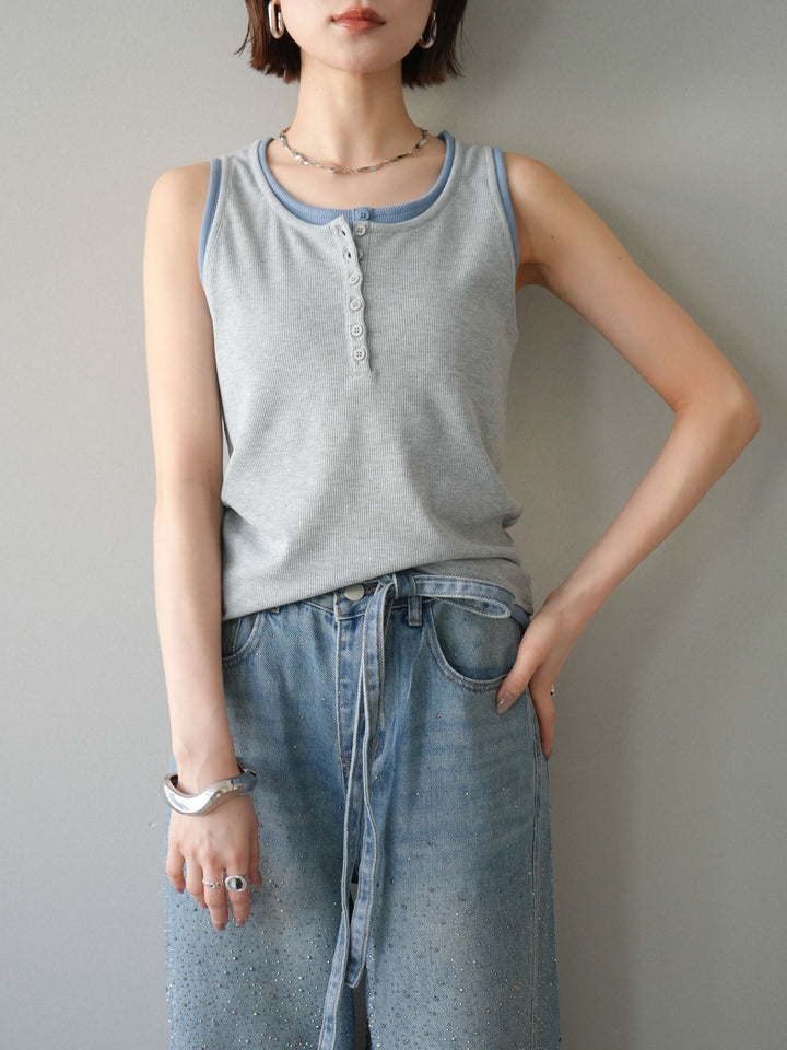 [SET]配色リブヘンリータンクトップ+ウエストベルトビジューワイドデニムパンツ(2set)