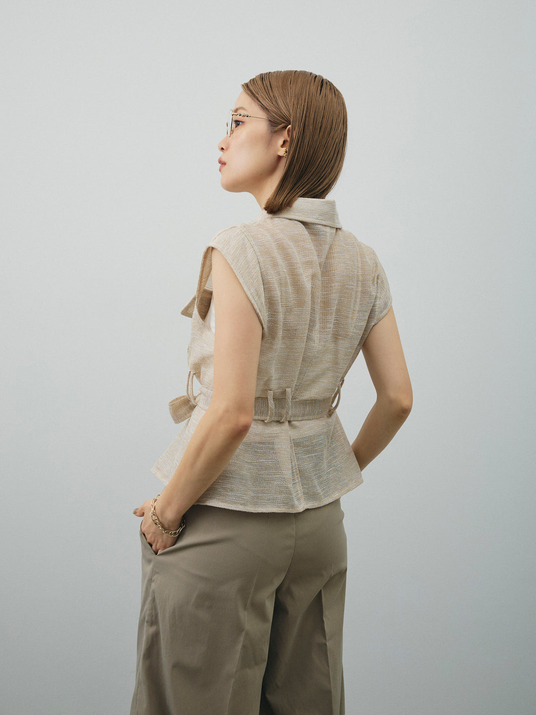 [SET]ミックスヤーンメッシュブラウス+コクーンワイドチノパンツ(2set)