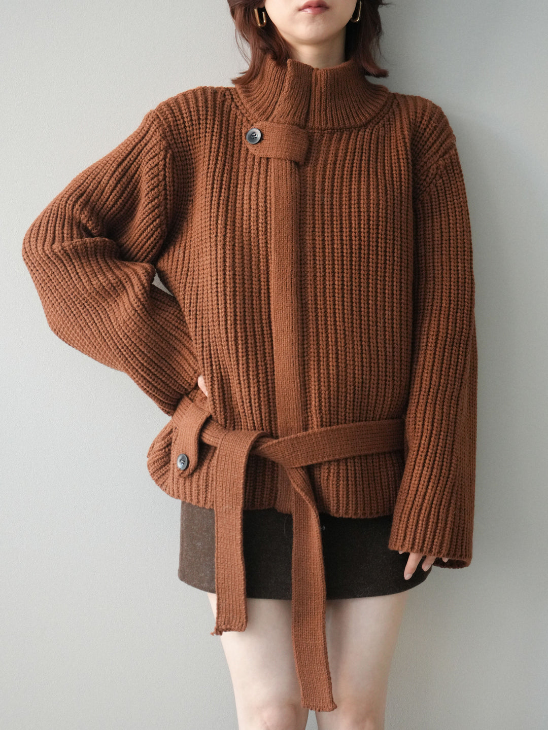 [SET]畦編みボトルネックZIPニットカーディガン+ウールタッチベルト付ミニスカート(2set)