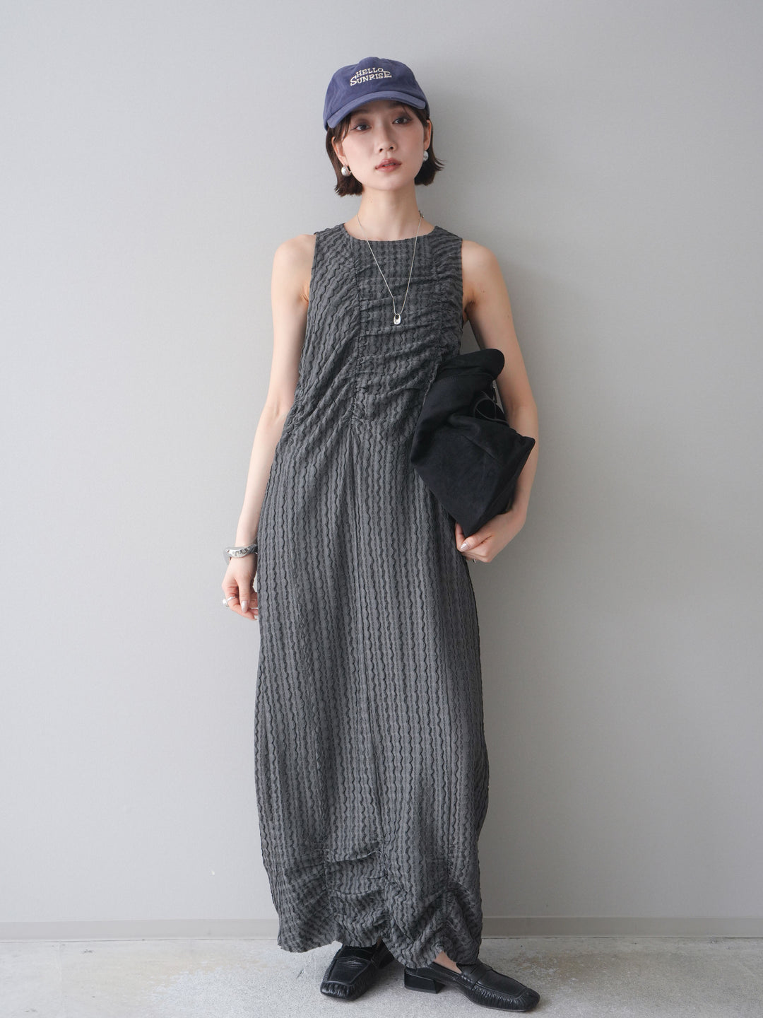 [予約]シャーリングジャガードノースリーブワンピース/gray