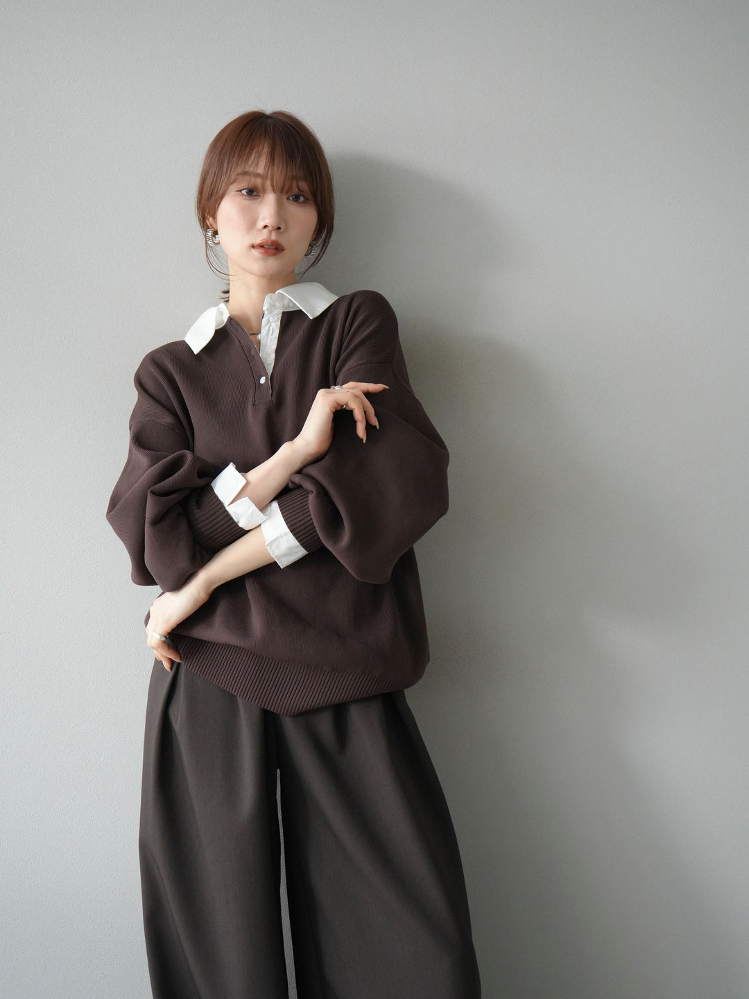 【SET】翻領polo針織套衫+雙褶闊腿褲（2件組）