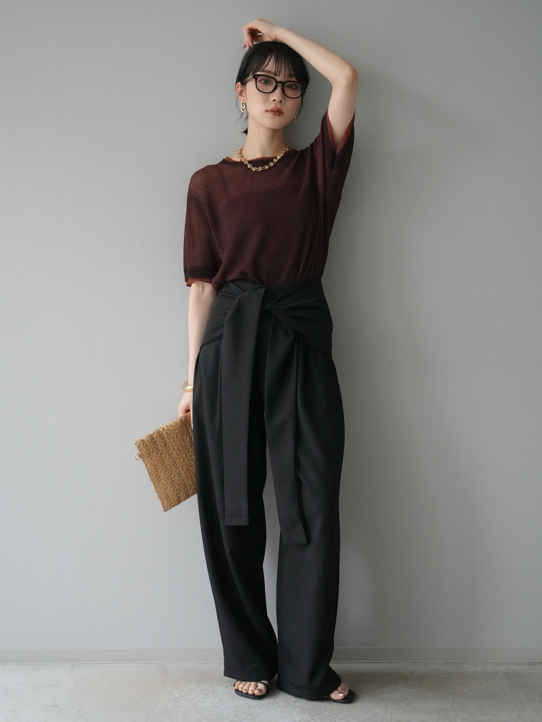 [SET]リネンタッチ配色二重臼ハーフニットトップス+ウエスト巻きデザインワイドパンツ(2set)