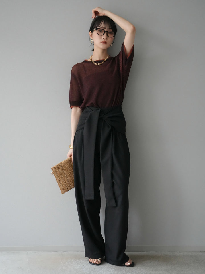 [SET]リネンタッチ配色二重臼ハーフニットトップス+ウエスト巻きデザインワイドパンツ(2set)