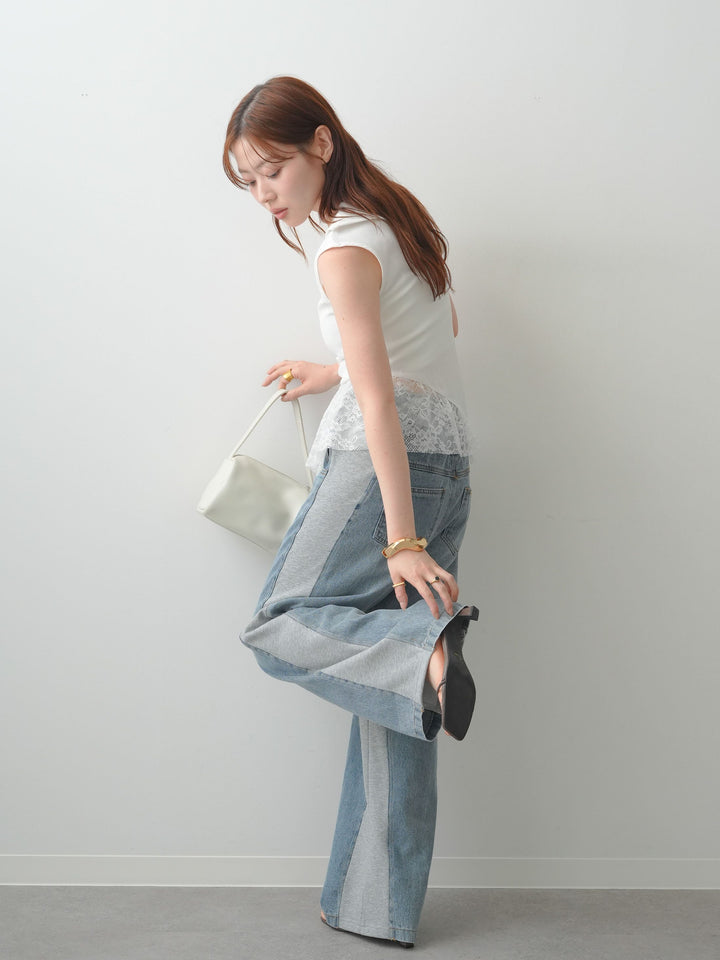 [SET]アシンメトリーラッフルレースヘムトップス+デニム切替スウェットパンツ(2set)