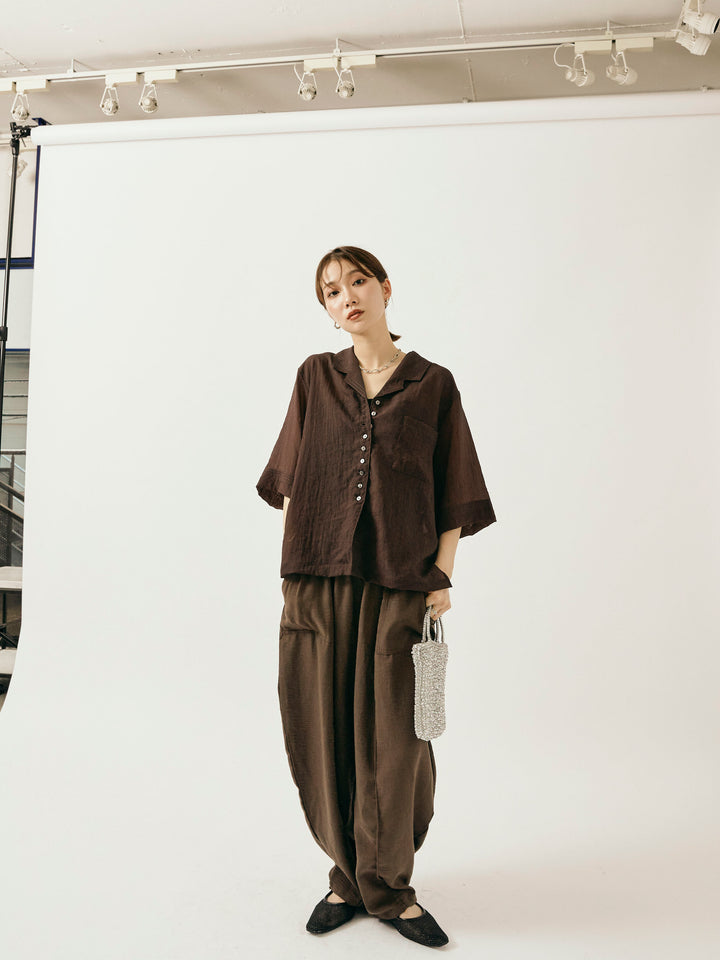 【Allure】[SET]シャイニースラブシアー開襟ハーフシャツ+リネンライクベイカーバルーンパンツ(2set)