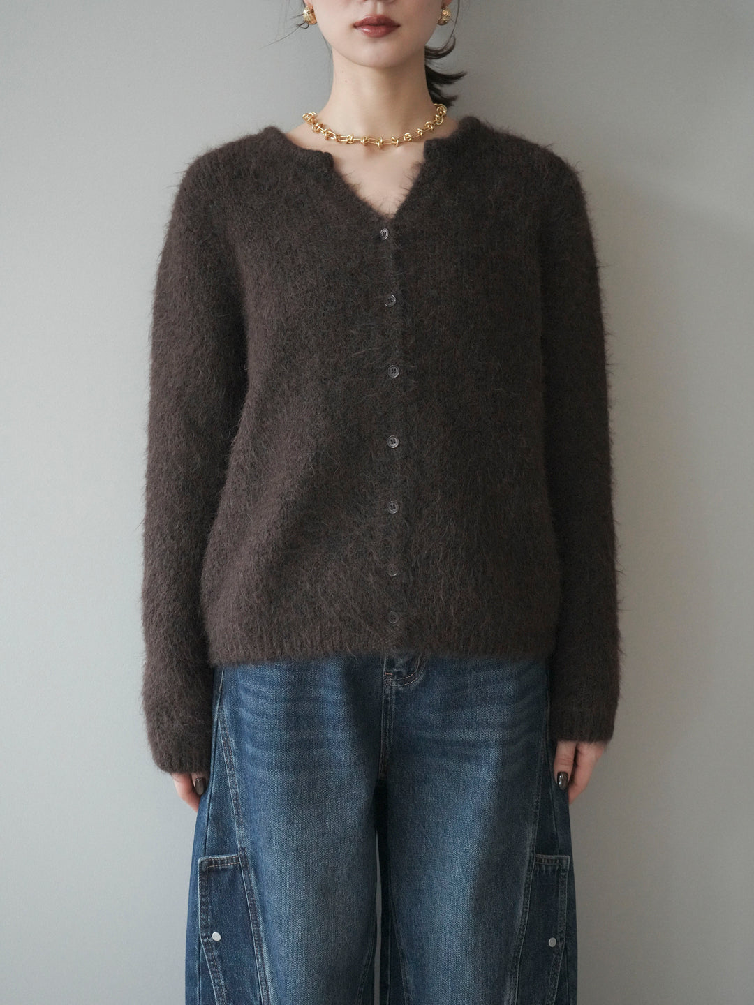 [予約]キーネックシャギーニットカーディガン/brown