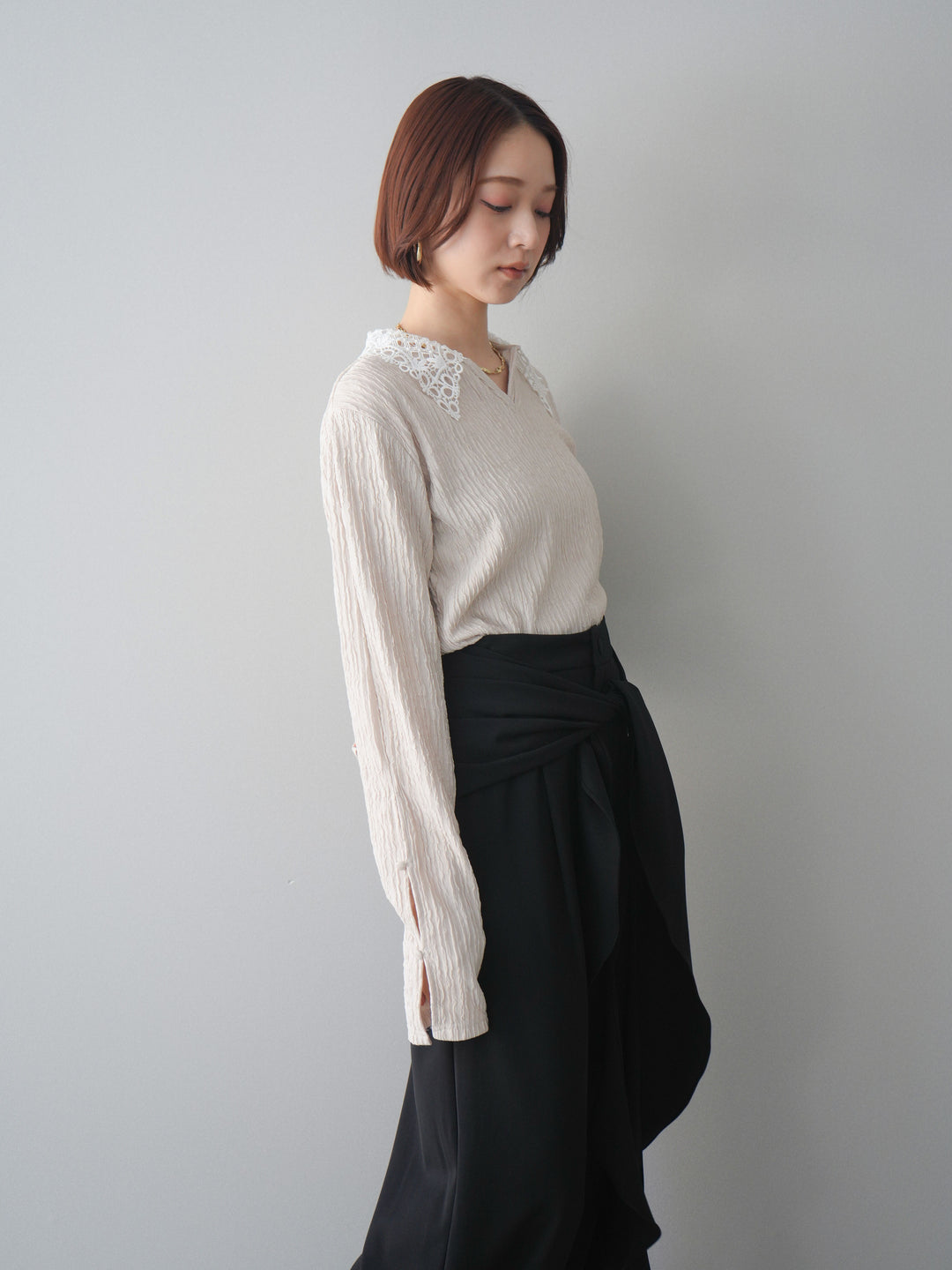 [SET]袖スリットレースカラートップス+ラッフルベルトワイドパンツ(2set)