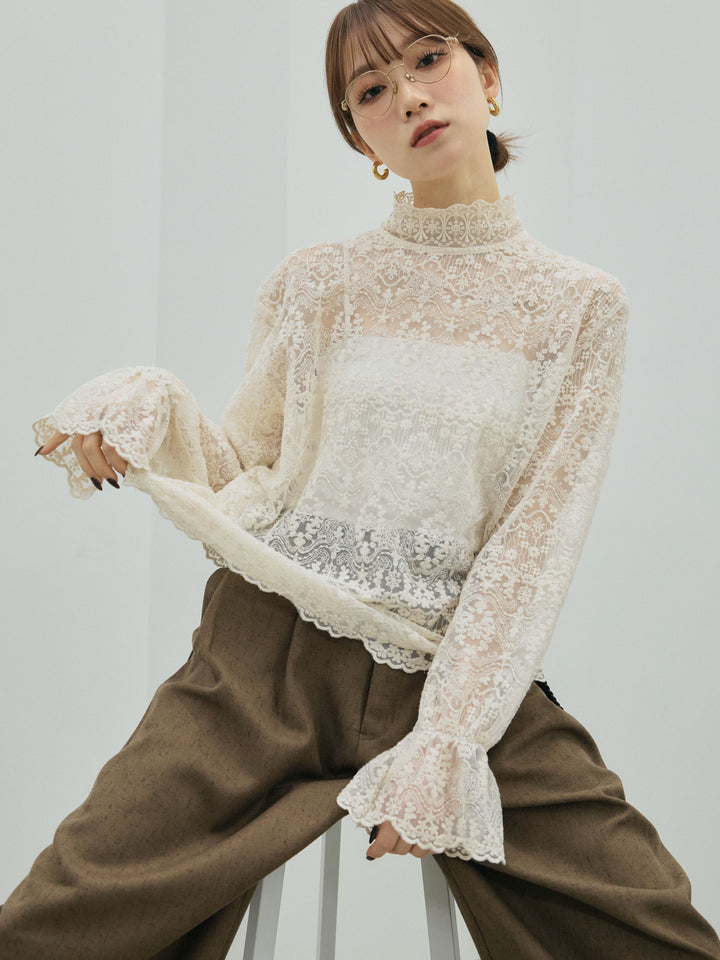 【Allure】[SET]ハイネックレーストップス+モックスカルゼサイドタックコクーンパンツ(2set)