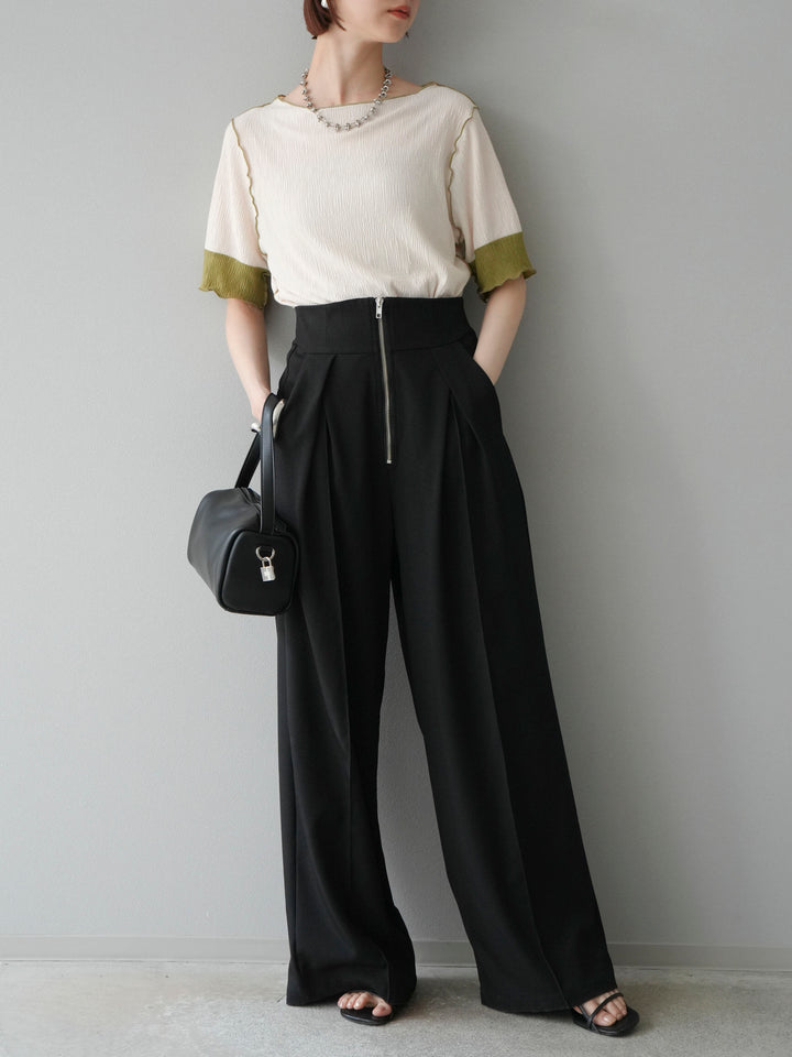 [SET] 百褶同色船領套頭衫 + 拉鍊褶襉寬褲 (2 套)