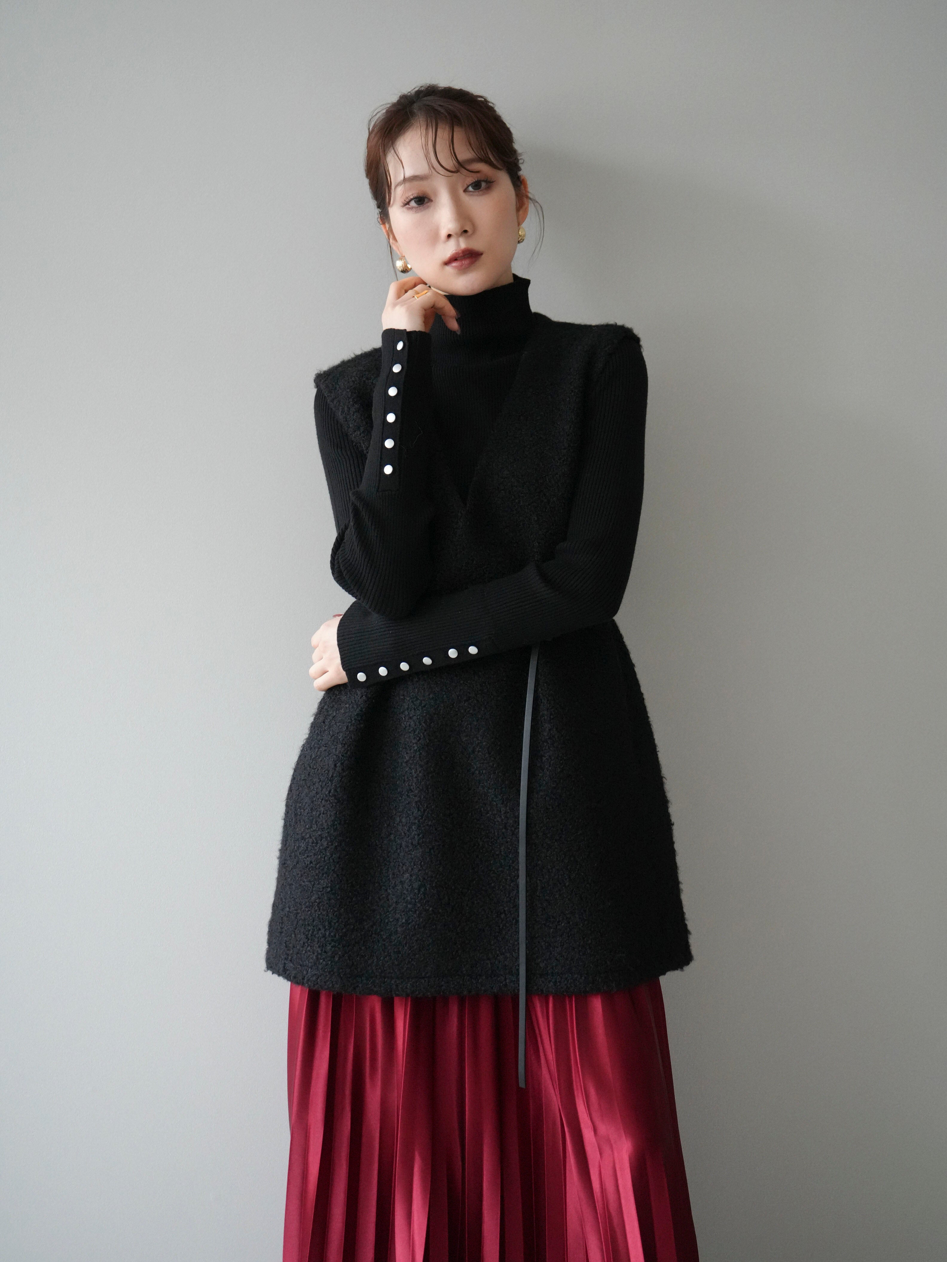 ミックスループヤーンニットミニワンピース+袖ボタンボトルネックリブニットトップス SET]ミックスループヤーンニットミニワンピース+袖ボタンボトルネック