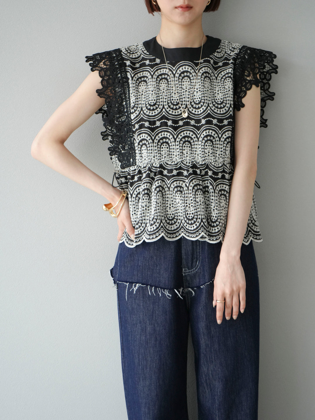 [SET]スカラップ刺繍レースブラウス+スカラップ刺繍レースブラウス(2set)