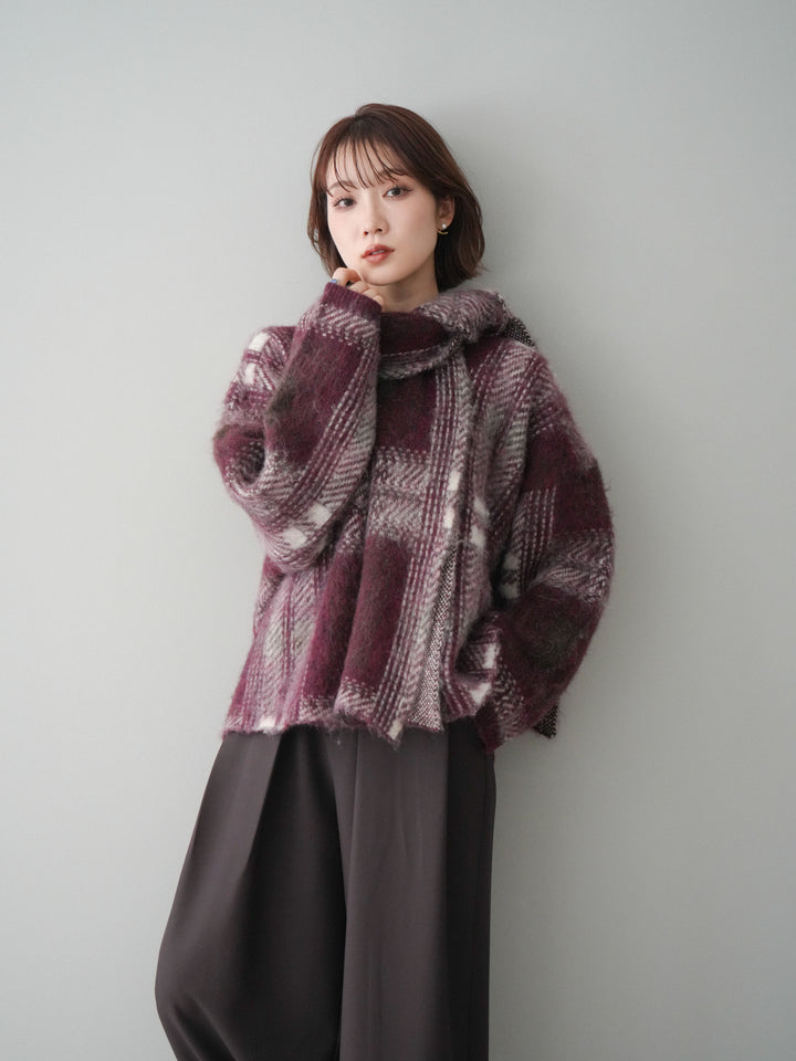 [SET]ストール付シャギーチェックニットプルオーバー+ベルトループデザインワイドパンツ(2set)