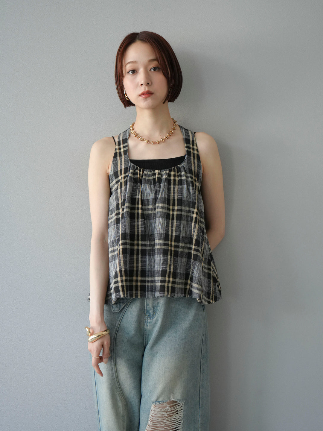 [予約]チェッククロスキャミプルオーバー/ブラック