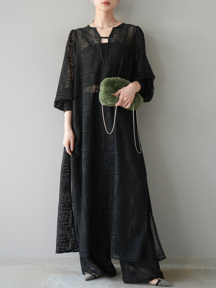 【套裝】塊蕾絲捲袖洋裝+塊蕾絲寬褲（2套）