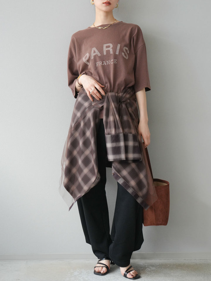 [SET]ピグメントロゴプリントTシャツ+2WAYデザインスウェットパンツ+チュールドッキングチェック柄オーバーサイズシャツ(3set)
