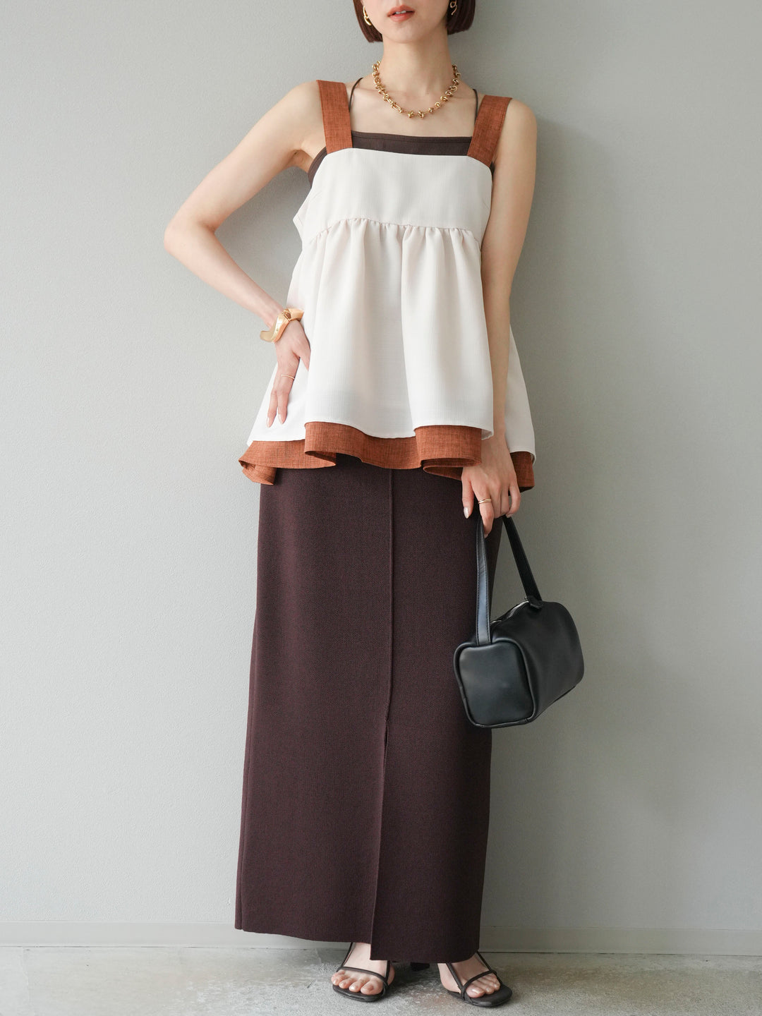[予約]レーヨンポリIラインニットスカート/ブラウン
